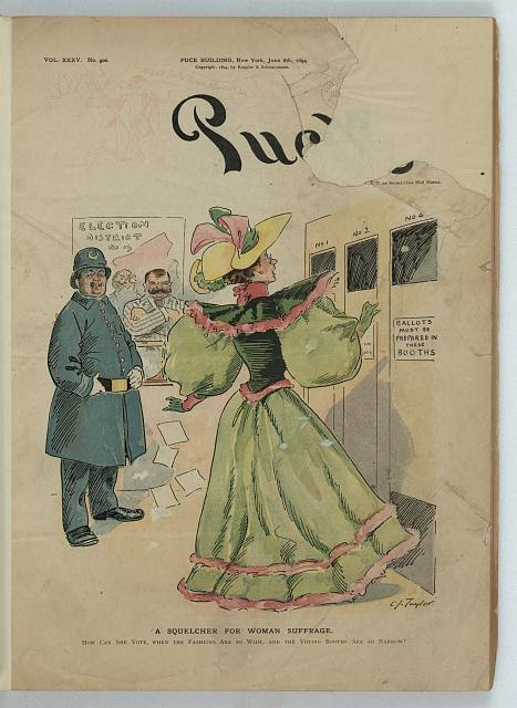 Political cartoon features a woman unable to fit into the voting booth